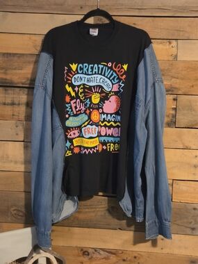 Upcycled Black Graphic Creativity Top with Denim Sleeves